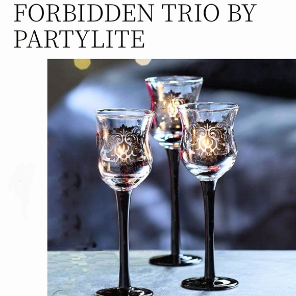 PartyLite Forbidden Trio Long Stem Candle Holder Set of 3, Clear & Black Damask